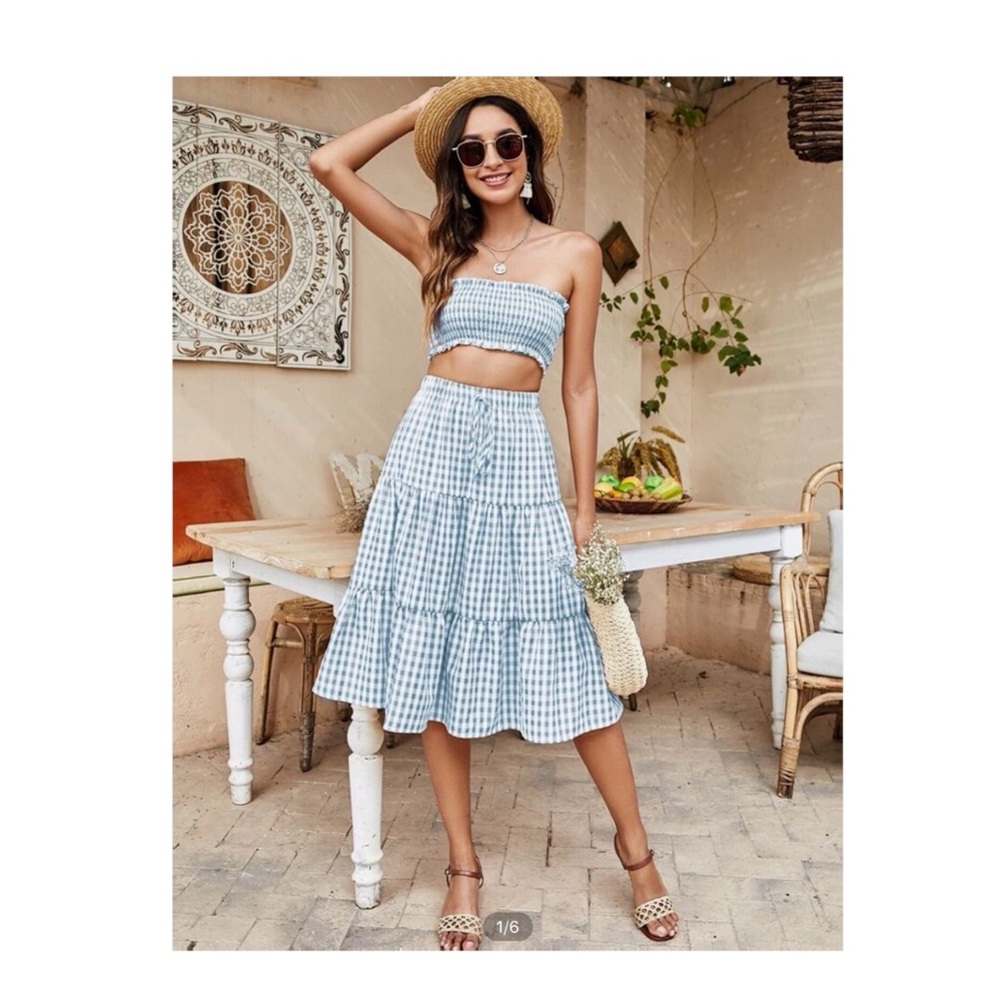 Gingham tiered skirt and tube top.